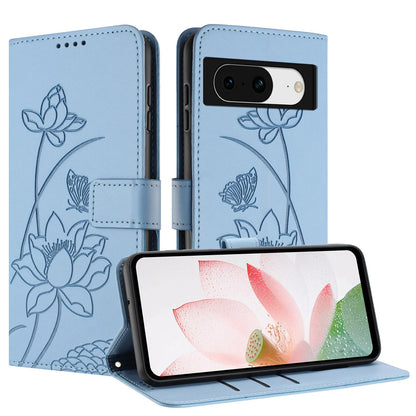 Google Pixel 8 Lotus Embossed PU Leather Wallet Phone Case with Card Holder, Cash Pocket, Magnetic Flip Stand Cover, Wrist Lanyard Strap, Shockproof TPU Protective Folio Case - Purple