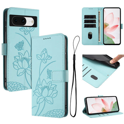 Google Pixel 8 Lotus Embossed PU Leather Wallet Phone Case with Card Holder, Cash Pocket, Magnetic Flip Stand Cover, Wrist Lanyard Strap, Shockproof TPU Protective Folio Case - Purple