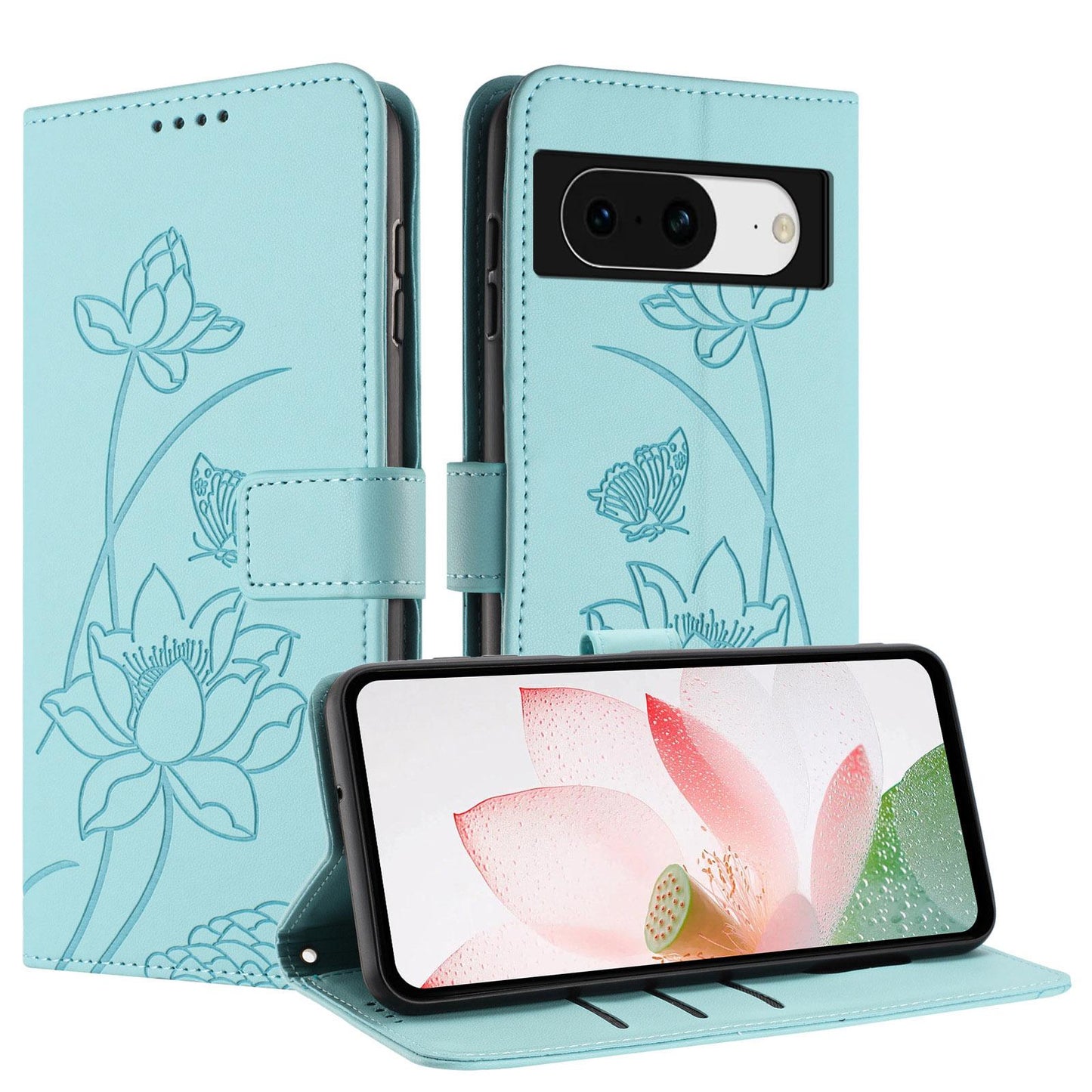 Google Pixel 8 Lotus Embossed PU Leather Wallet Phone Case with Card Holder, Cash Pocket, Magnetic Flip Stand Cover, Wrist Lanyard Strap, Shockproof TPU Protective Folio Case - Purple