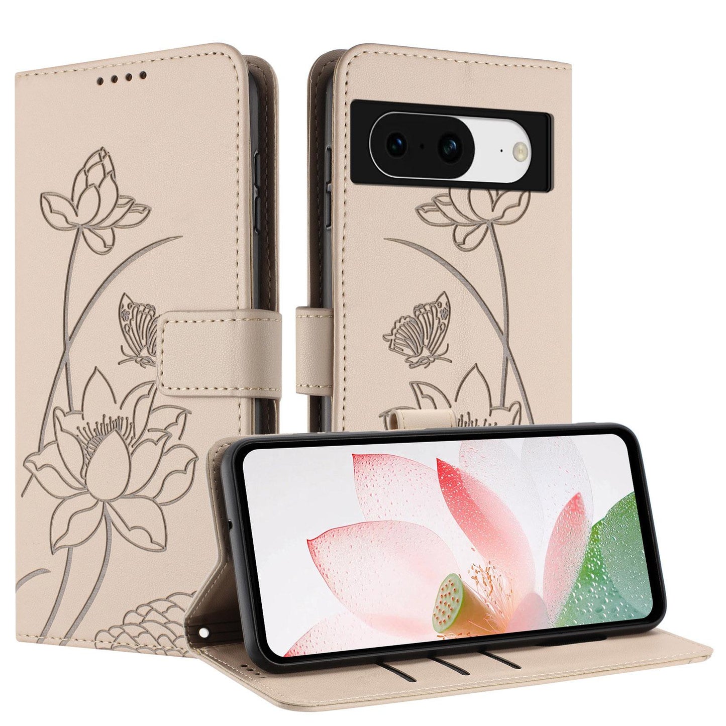 Google Pixel 8 Lotus Embossed PU Leather Wallet Phone Case with Card Holder, Cash Pocket, Magnetic Flip Stand Cover, Wrist Lanyard Strap, Shockproof TPU Protective Folio Case - Purple