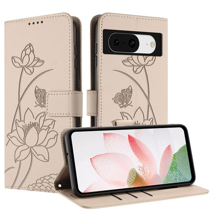 Google Pixel 8 Lotus Embossed PU Leather Wallet Phone Case with Card Holder, Cash Pocket, Magnetic Flip Stand Cover, Wrist Lanyard Strap, Shockproof TPU Protective Folio Case - Purple