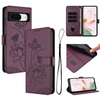 Google Pixel 8 Lotus Embossed PU Leather Wallet Phone Case with Card Holder, Cash Pocket, Magnetic Flip Stand Cover, Wrist Lanyard Strap, Shockproof TPU Protective Folio Case - Purple