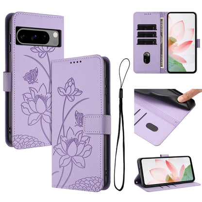 Google Pixel 8 Pro Lotus Embossed PU Leather Wallet Phone Case with Card Holder, Cash Pocket, Magnetic Flip Stand Cover, Wrist Lanyard Strap, Shockproof TPU Protective Folio Case - Purple