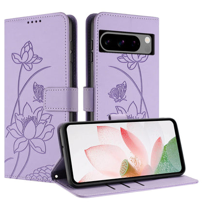 Google Pixel 8 Pro Lotus Embossed PU Leather Wallet Phone Case with Card Holder, Cash Pocket, Magnetic Flip Stand Cover, Wrist Lanyard Strap, Shockproof TPU Protective Folio Case - Purple