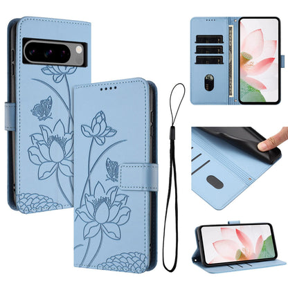 Google Pixel 8 Pro Lotus Embossed PU Leather Wallet Phone Case with Card Holder, Cash Pocket, Magnetic Flip Stand Cover, Wrist Lanyard Strap, Shockproof TPU Protective Folio Case - Purple