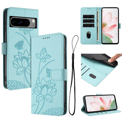 Google Pixel 8 Pro Lotus Embossed PU Leather Wallet Phone Case with Card Holder, Cash Pocket, Magnetic Flip Stand Cover, Wrist Lanyard Strap, Shockproof TPU Protective Folio Case - Purple