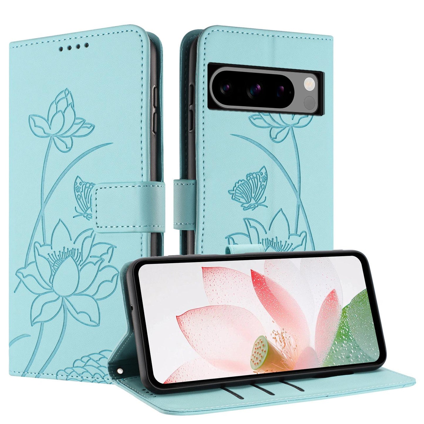 Google Pixel 8 Pro Lotus Embossed PU Leather Wallet Phone Case with Card Holder, Cash Pocket, Magnetic Flip Stand Cover, Wrist Lanyard Strap, Shockproof TPU Protective Folio Case - Purple