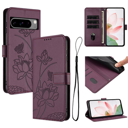 Google Pixel 8 Pro Lotus Embossed PU Leather Wallet Phone Case with Card Holder, Cash Pocket, Magnetic Flip Stand Cover, Wrist Lanyard Strap, Shockproof TPU Protective Folio Case - Purple