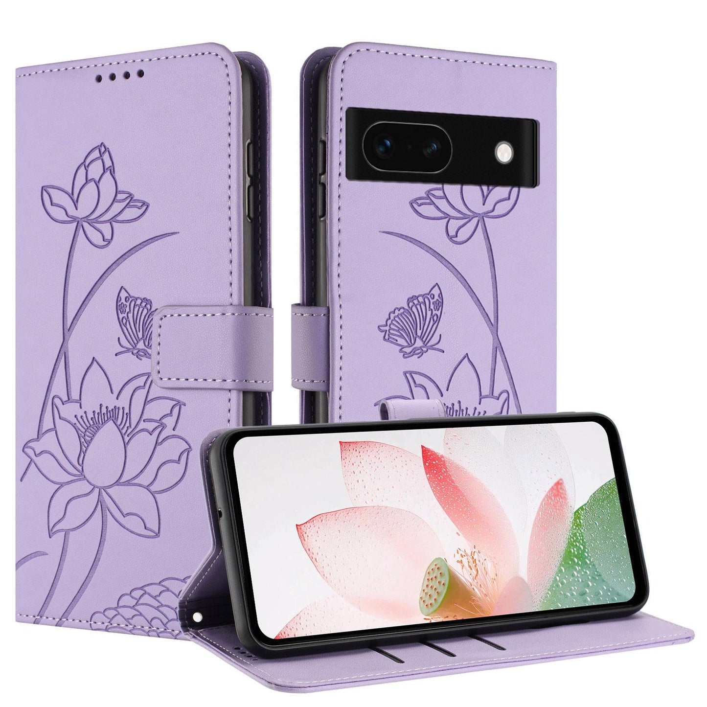 Google Pixel 8a Lotus Embossed PU Leather Wallet Phone Case with Card Holder, Cash Pocket, Magnetic Flip Stand Cover, Wrist Lanyard Strap, Shockproof TPU Protective Folio Case - Purple