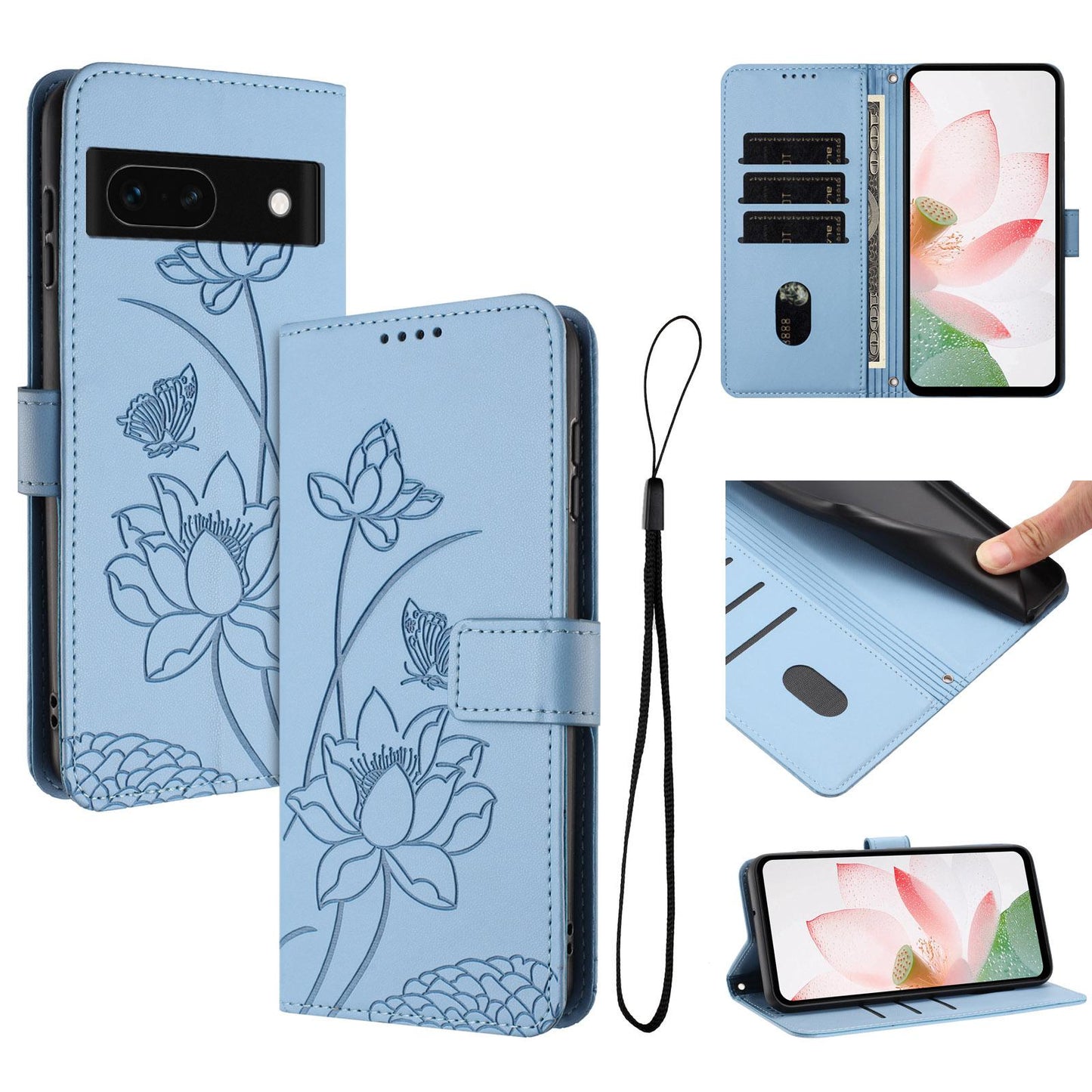 Google Pixel 8a Lotus Embossed PU Leather Wallet Phone Case with Card Holder, Cash Pocket, Magnetic Flip Stand Cover, Wrist Lanyard Strap, Shockproof TPU Protective Folio Case - Purple