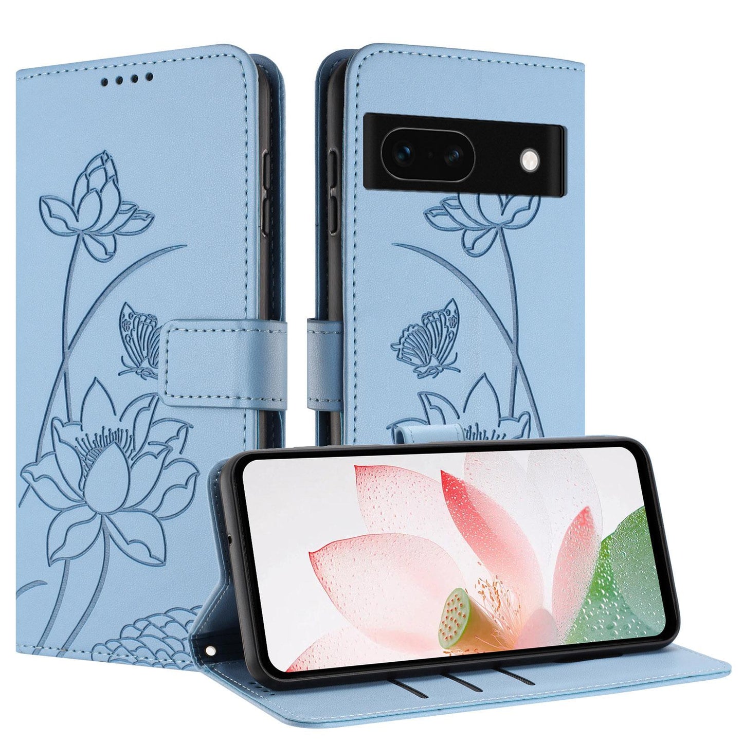Google Pixel 8a Lotus Embossed PU Leather Wallet Phone Case with Card Holder, Cash Pocket, Magnetic Flip Stand Cover, Wrist Lanyard Strap, Shockproof TPU Protective Folio Case - Purple