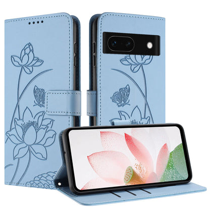 Google Pixel 8a Lotus Embossed PU Leather Wallet Phone Case with Card Holder, Cash Pocket, Magnetic Flip Stand Cover, Wrist Lanyard Strap, Shockproof TPU Protective Folio Case - Purple