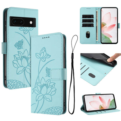 Google Pixel 8a Lotus Embossed PU Leather Wallet Phone Case with Card Holder, Cash Pocket, Magnetic Flip Stand Cover, Wrist Lanyard Strap, Shockproof TPU Protective Folio Case - Purple