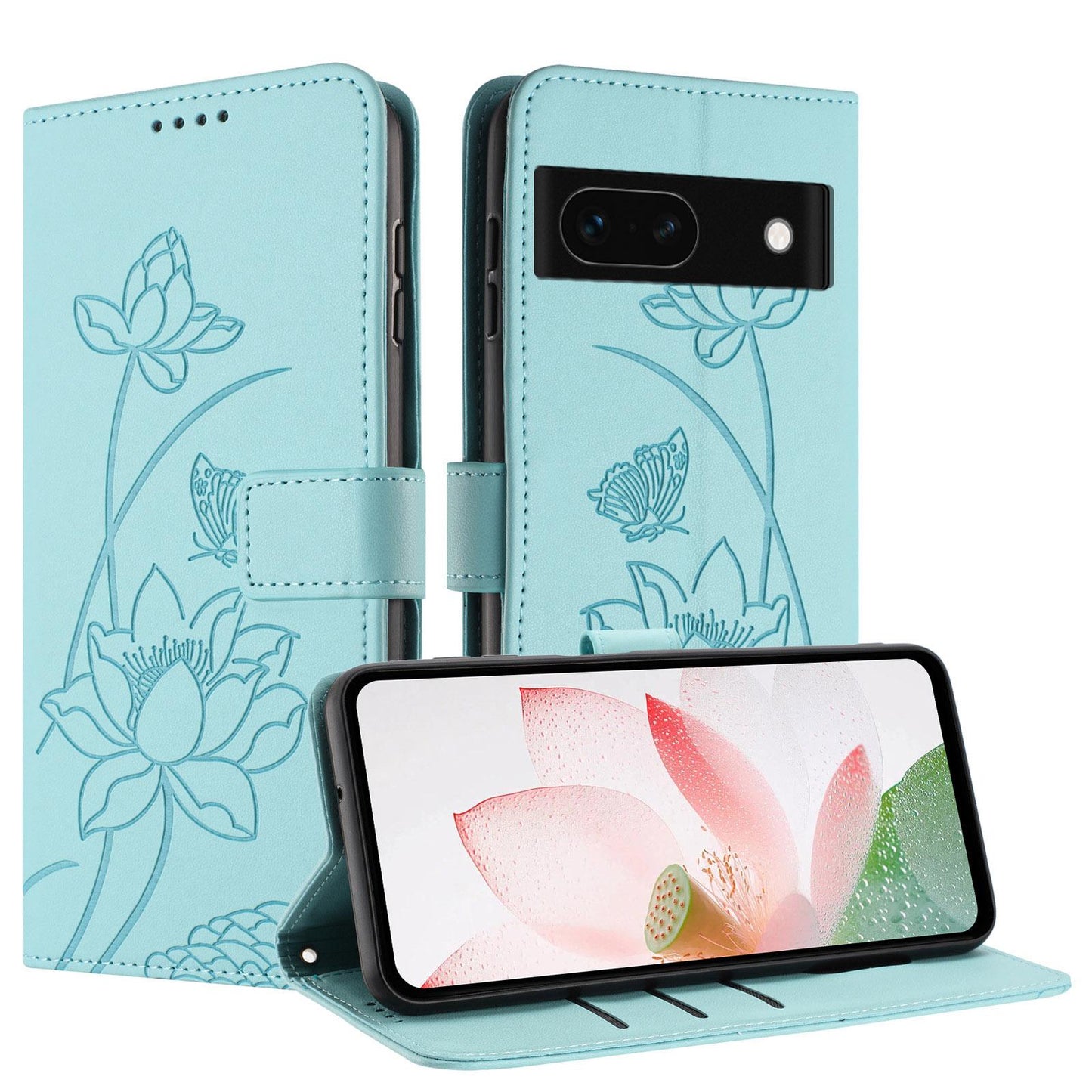 Google Pixel 8a Lotus Embossed PU Leather Wallet Phone Case with Card Holder, Cash Pocket, Magnetic Flip Stand Cover, Wrist Lanyard Strap, Shockproof TPU Protective Folio Case - Purple