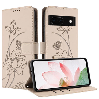 Google Pixel 8a Lotus Embossed PU Leather Wallet Phone Case with Card Holder, Cash Pocket, Magnetic Flip Stand Cover, Wrist Lanyard Strap, Shockproof TPU Protective Folio Case - Purple