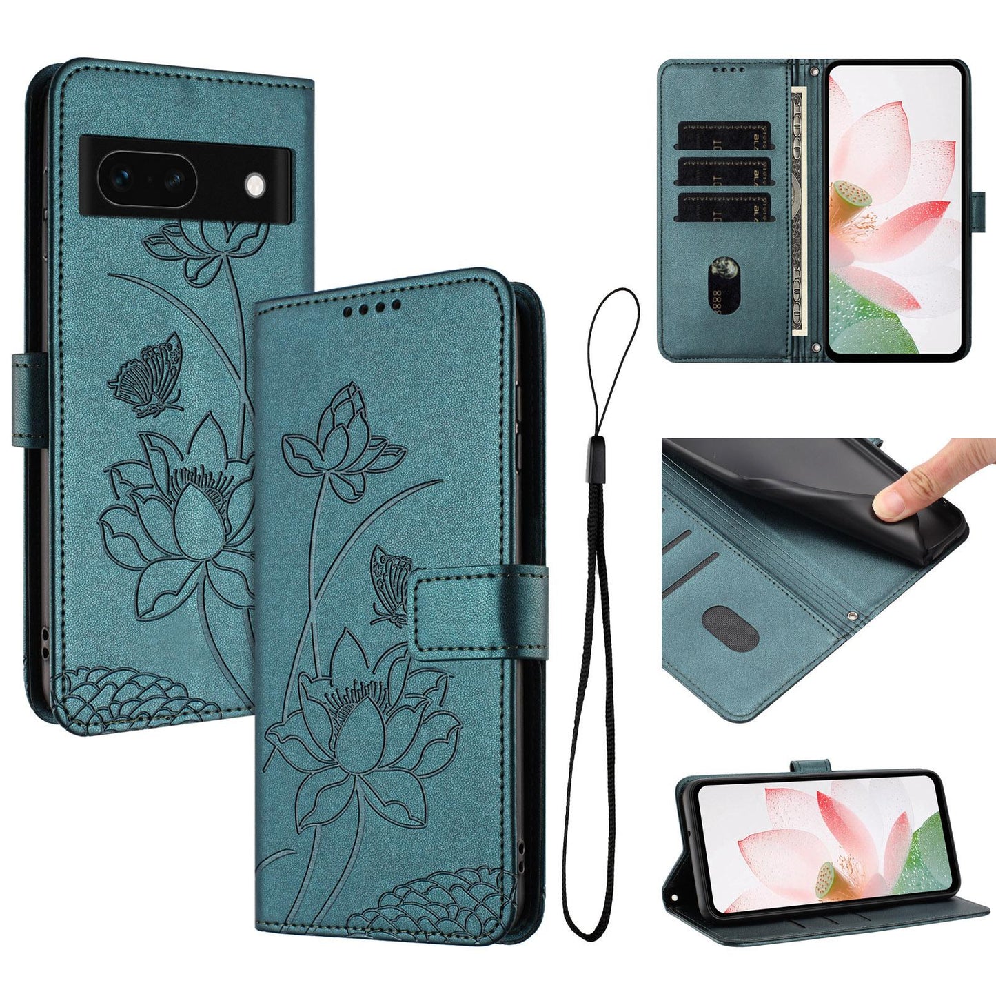 Google Pixel 8a Lotus Embossed PU Leather Wallet Phone Case with Card Holder, Cash Pocket, Magnetic Flip Stand Cover, Wrist Lanyard Strap, Shockproof TPU Protective Folio Case - Purple