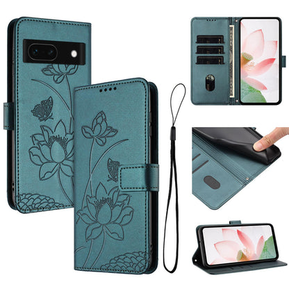 Google Pixel 8a Lotus Embossed PU Leather Wallet Phone Case with Card Holder, Cash Pocket, Magnetic Flip Stand Cover, Wrist Lanyard Strap, Shockproof TPU Protective Folio Case - Purple