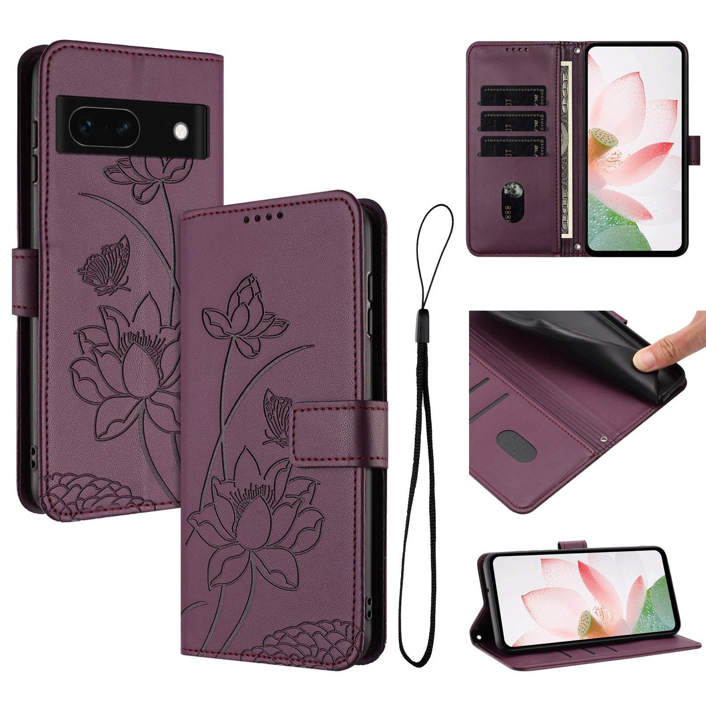 Google Pixel 8a Lotus Embossed PU Leather Wallet Phone Case with Card Holder, Cash Pocket, Magnetic Flip Stand Cover, Wrist Lanyard Strap, Shockproof TPU Protective Folio Case - Purple