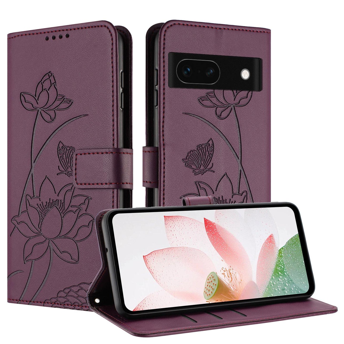 Google Pixel 8a Lotus Embossed PU Leather Wallet Phone Case with Card Holder, Cash Pocket, Magnetic Flip Stand Cover, Wrist Lanyard Strap, Shockproof TPU Protective Folio Case - Purple