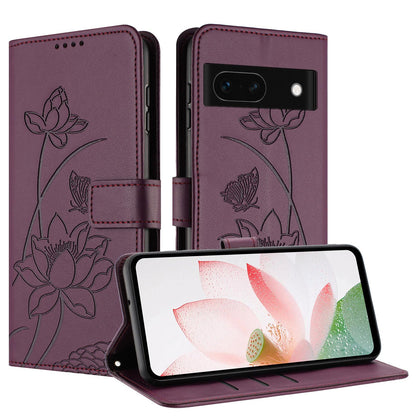 Google Pixel 8a Lotus Embossed PU Leather Wallet Phone Case with Card Holder, Cash Pocket, Magnetic Flip Stand Cover, Wrist Lanyard Strap, Shockproof TPU Protective Folio Case - Purple