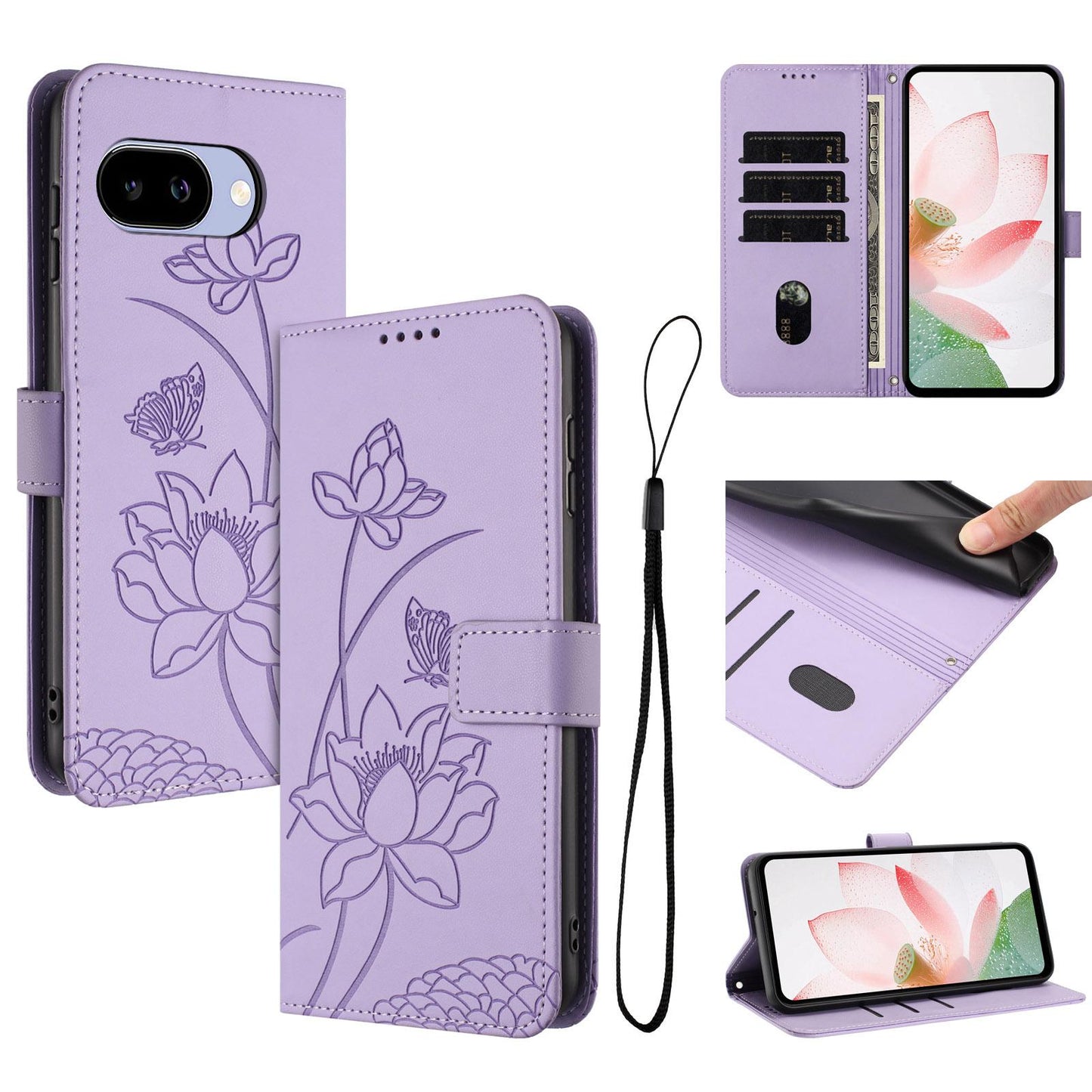Google Pixel 9a Lotus Embossed PU Leather Wallet Phone Case with Card Holder, Cash Pocket, Magnetic Flip Stand Cover, Wrist Lanyard Strap, Shockproof TPU Protective Folio Case - Purple