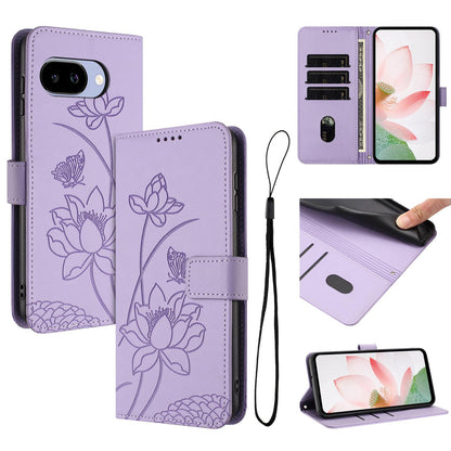 Google Pixel 9a Lotus Embossed PU Leather Wallet Phone Case with Card Holder, Cash Pocket, Magnetic Flip Stand Cover, Wrist Lanyard Strap, Shockproof TPU Protective Folio Case - Purple
