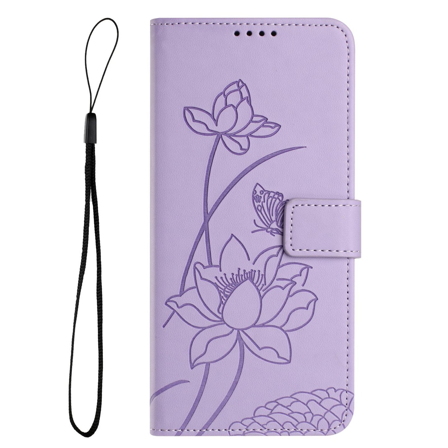 Google Pixel 9a Lotus Embossed PU Leather Wallet Phone Case with Card Holder, Cash Pocket, Magnetic Flip Stand Cover, Wrist Lanyard Strap, Shockproof TPU Protective Folio Case - Purple