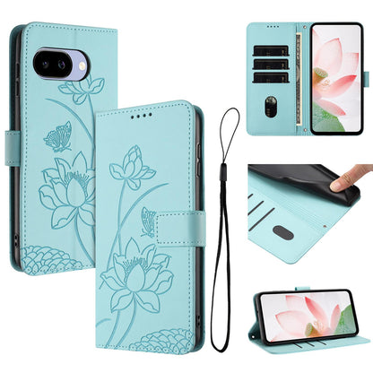 Google Pixel 9a Lotus Embossed PU Leather Wallet Phone Case with Card Holder, Cash Pocket, Magnetic Flip Stand Cover, Wrist Lanyard Strap, Shockproof TPU Protective Folio Case - Purple