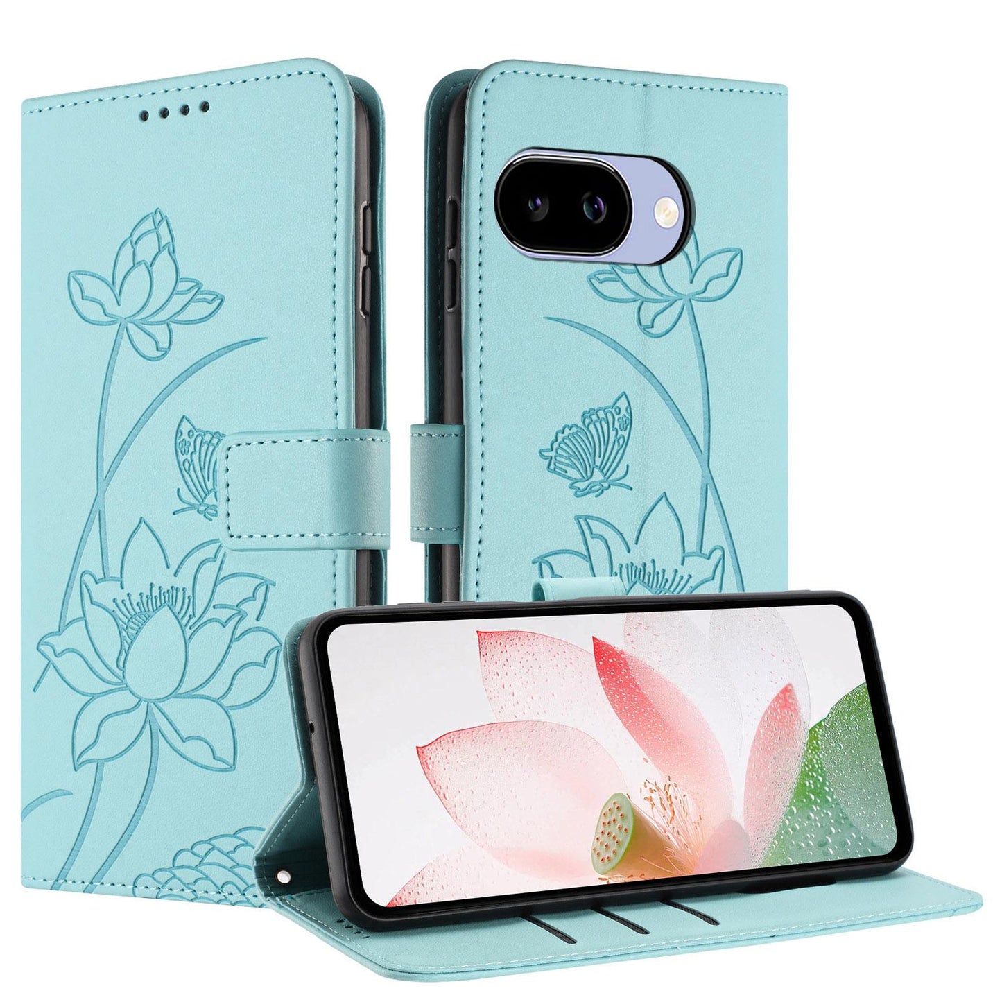 Google Pixel 9a Lotus Embossed PU Leather Wallet Phone Case with Card Holder, Cash Pocket, Magnetic Flip Stand Cover, Wrist Lanyard Strap, Shockproof TPU Protective Folio Case - Purple