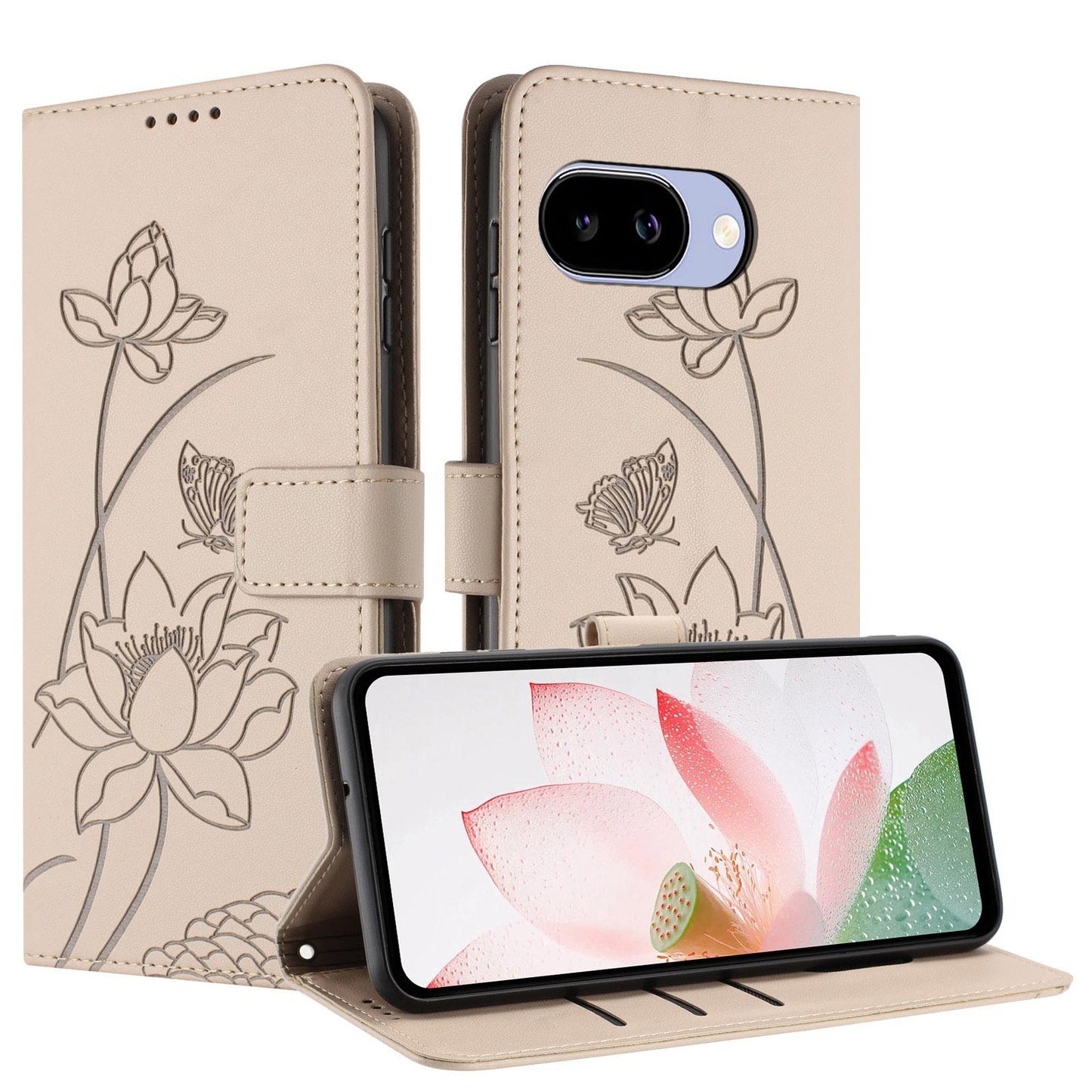 Google Pixel 9a Lotus Embossed PU Leather Wallet Phone Case with Card Holder, Cash Pocket, Magnetic Flip Stand Cover, Wrist Lanyard Strap, Shockproof TPU Protective Folio Case - Purple