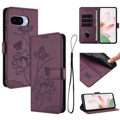 Google Pixel 9a Lotus Embossed PU Leather Wallet Phone Case with Card Holder, Cash Pocket, Magnetic Flip Stand Cover, Wrist Lanyard Strap, Shockproof TPU Protective Folio Case - Purple