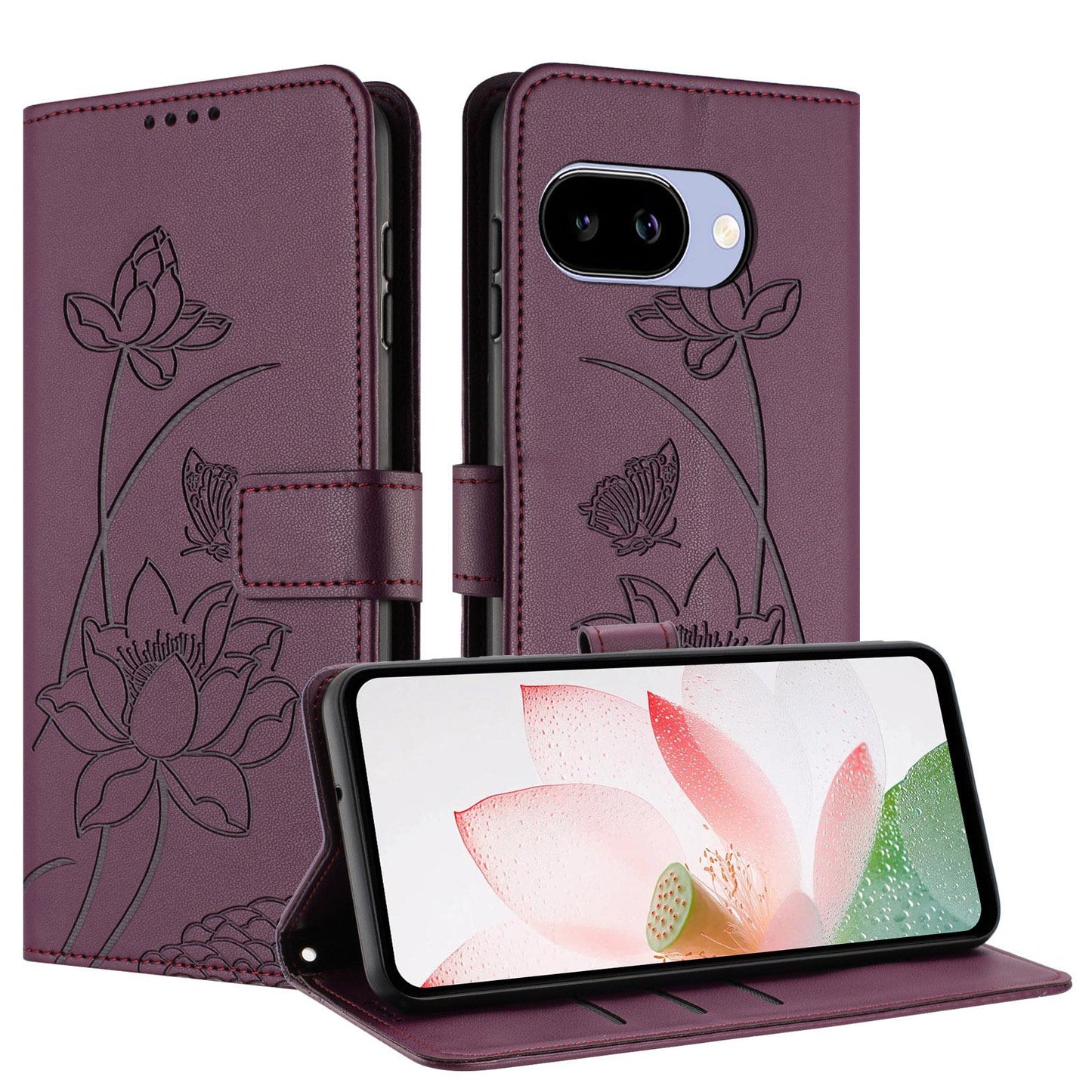 Google Pixel 9a Lotus Embossed PU Leather Wallet Phone Case with Card Holder, Cash Pocket, Magnetic Flip Stand Cover, Wrist Lanyard Strap, Shockproof TPU Protective Folio Case - Purple