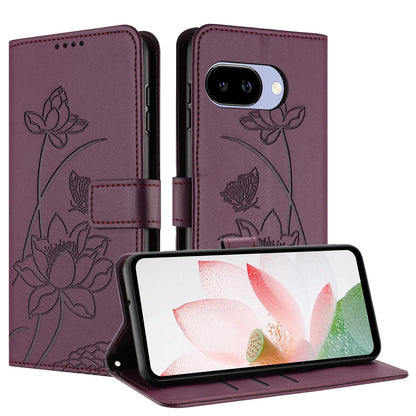 Google Pixel 9a Lotus Embossed PU Leather Wallet Phone Case with Card Holder, Cash Pocket, Magnetic Flip Stand Cover, Wrist Lanyard Strap, Shockproof TPU Protective Folio Case - Purple