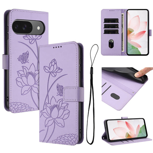 Google Pixel 10 Lotus Embossed PU Leather Wallet Phone Case with Card Holder, Cash Pocket, Magnetic Flip Stand Cover, Wrist Lanyard Strap, Shockproof TPU Protective Folio Case - Purple