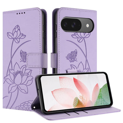 Google Pixel 9 Pro Lotus Embossed PU Leather Wallet Phone Case with Card Holder, Cash Pocket, Magnetic Flip Stand Cover, Wrist Lanyard Strap, Shockproof TPU Protective Folio Case - Purple