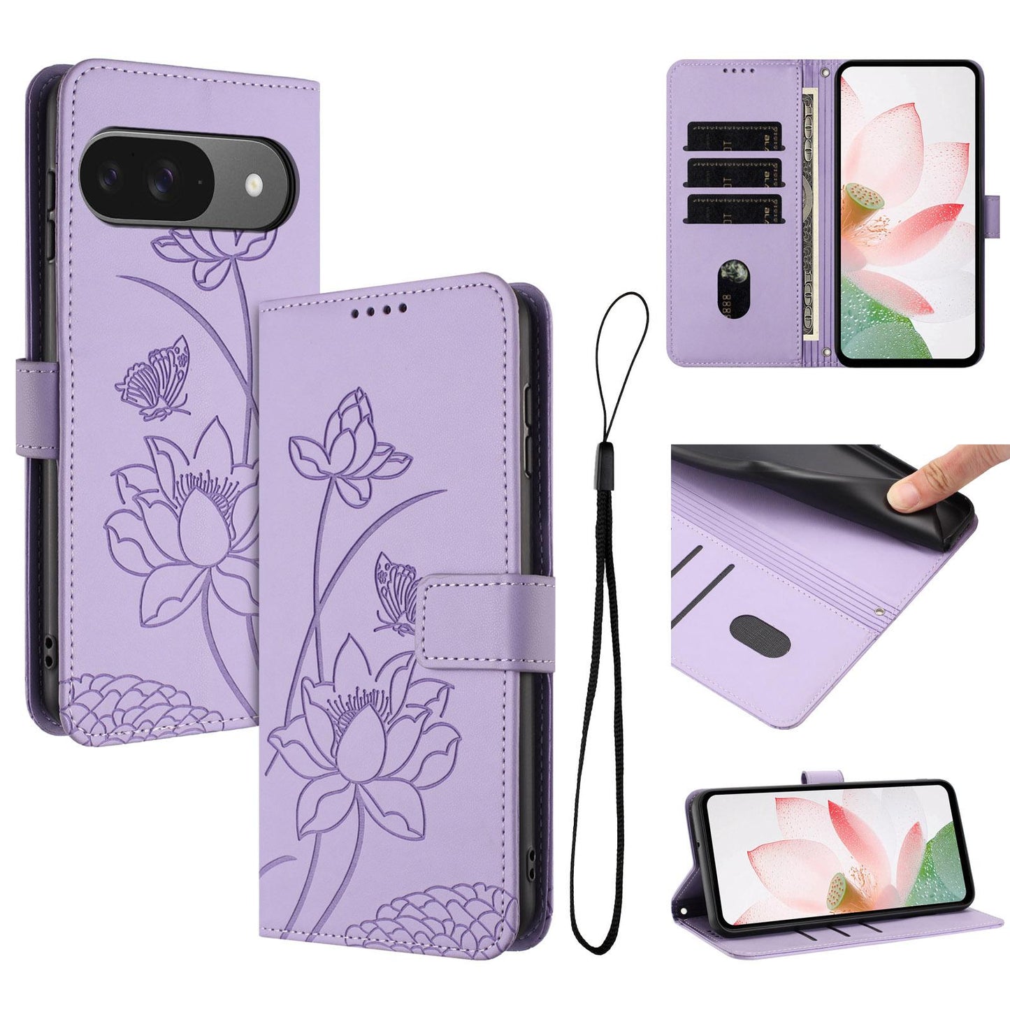 Google Pixel 9 Pro Lotus Embossed PU Leather Wallet Phone Case with Card Holder, Cash Pocket, Magnetic Flip Stand Cover, Wrist Lanyard Strap, Shockproof TPU Protective Folio Case - Purple