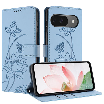 Google Pixel 9 Pro Lotus Embossed PU Leather Wallet Phone Case with Card Holder, Cash Pocket, Magnetic Flip Stand Cover, Wrist Lanyard Strap, Shockproof TPU Protective Folio Case - Purple