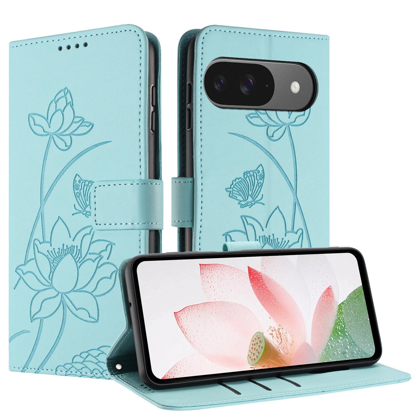 Google Pixel 9 Pro Lotus Embossed PU Leather Wallet Phone Case with Card Holder, Cash Pocket, Magnetic Flip Stand Cover, Wrist Lanyard Strap, Shockproof TPU Protective Folio Case - Purple