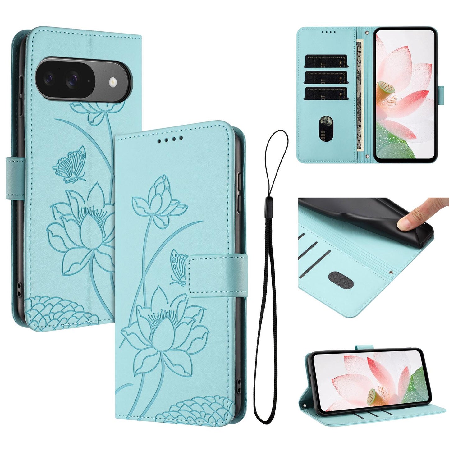 Google Pixel 10 Pro Lotus Embossed PU Leather Wallet Phone Case with Card Holder, Cash Pocket, Magnetic Flip Stand Cover, Wrist Lanyard Strap, Shockproof TPU Protective Folio Case - Purple