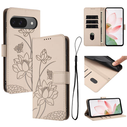 Google Pixel 10 Pro Lotus Embossed PU Leather Wallet Phone Case with Card Holder, Cash Pocket, Magnetic Flip Stand Cover, Wrist Lanyard Strap, Shockproof TPU Protective Folio Case - Purple