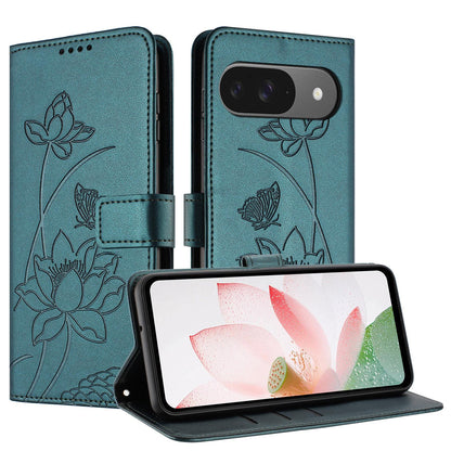 Google Pixel 10 Pro Lotus Embossed PU Leather Wallet Phone Case with Card Holder, Cash Pocket, Magnetic Flip Stand Cover, Wrist Lanyard Strap, Shockproof TPU Protective Folio Case - Purple