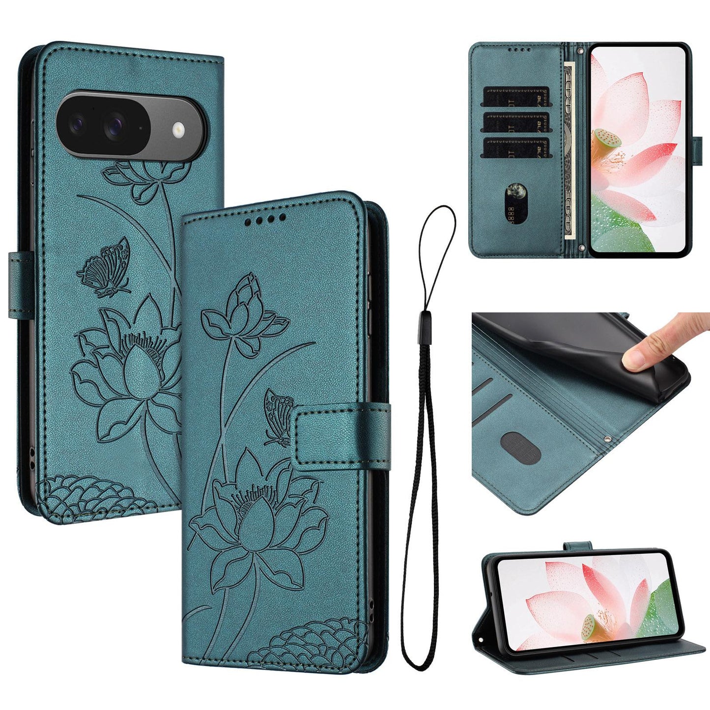 Google Pixel 9 Pro Lotus Embossed PU Leather Wallet Phone Case with Card Holder, Cash Pocket, Magnetic Flip Stand Cover, Wrist Lanyard Strap, Shockproof TPU Protective Folio Case - Purple