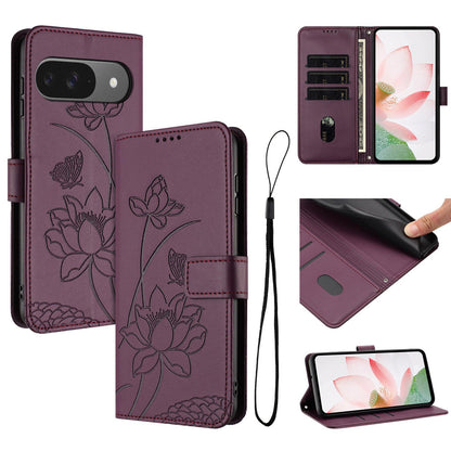 Google Pixel 10 Lotus Embossed PU Leather Wallet Phone Case with Card Holder, Cash Pocket, Magnetic Flip Stand Cover, Wrist Lanyard Strap, Shockproof TPU Protective Folio Case - Purple