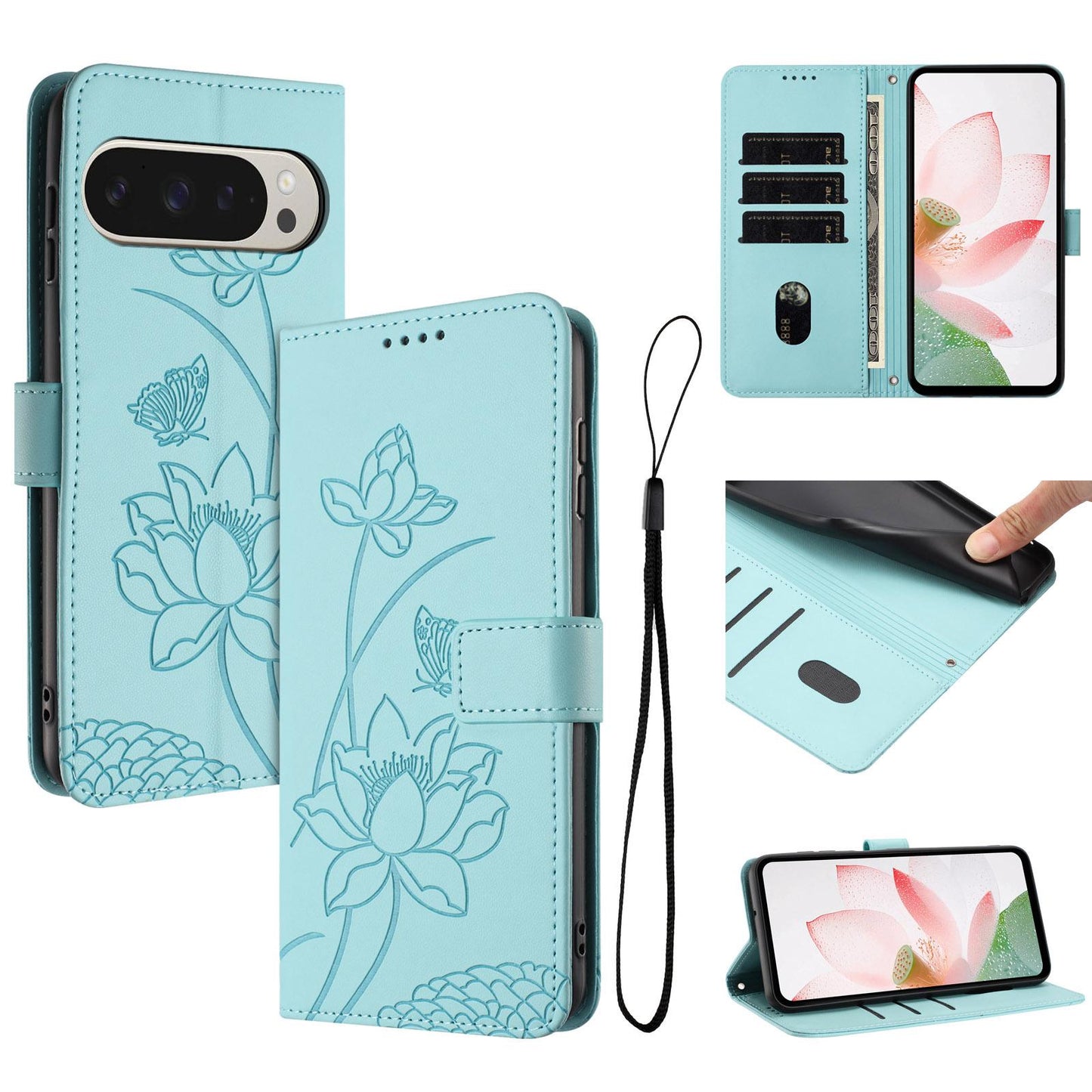 Google Pixel 10 Pro XL Lotus Embossed PU Leather Wallet Phone Case with Card Holder, Cash Pocket, Magnetic Flip Stand Cover, Wrist Lanyard Strap, Shockproof TPU Protective Folio Case - Purple