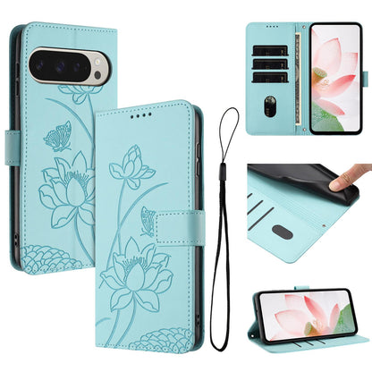 Google Pixel 10 Pro XL Lotus Embossed PU Leather Wallet Phone Case with Card Holder, Cash Pocket, Magnetic Flip Stand Cover, Wrist Lanyard Strap, Shockproof TPU Protective Folio Case - Purple