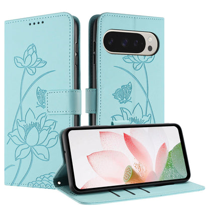 Google Pixel 9 Pro XL Lotus Embossed PU Leather Wallet Phone Case with Card Holder, Cash Pocket, Magnetic Flip Stand Cover, Wrist Lanyard Strap, Shockproof TPU Protective Folio Case - Purple