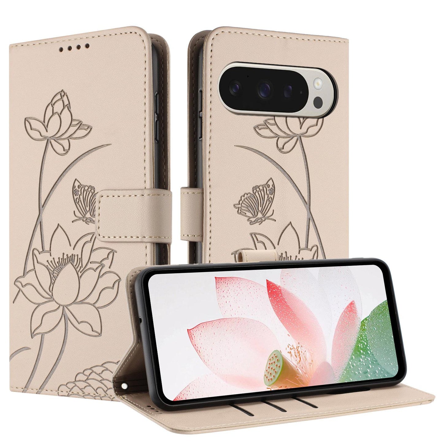 Google Pixel 9 Pro XL Lotus Embossed PU Leather Wallet Phone Case with Card Holder, Cash Pocket, Magnetic Flip Stand Cover, Wrist Lanyard Strap, Shockproof TPU Protective Folio Case - Purple