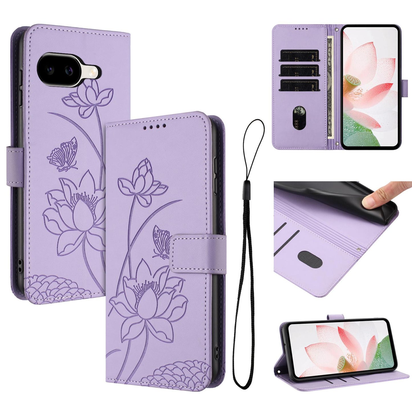 Google Pixel 10a Lotus Embossed PU Leather Wallet Phone Case with Card Holder, Cash Pocket, Magnetic Flip Stand Cover, Wrist Lanyard Strap, Shockproof TPU Protective Folio Case - Purple