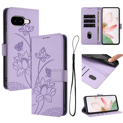 Google Pixel 10a Lotus Embossed PU Leather Wallet Phone Case with Card Holder, Cash Pocket, Magnetic Flip Stand Cover, Wrist Lanyard Strap, Shockproof TPU Protective Folio Case - Purple