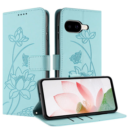 Google Pixel 10a Lotus Embossed PU Leather Wallet Phone Case with Card Holder, Cash Pocket, Magnetic Flip Stand Cover, Wrist Lanyard Strap, Shockproof TPU Protective Folio Case - Purple
